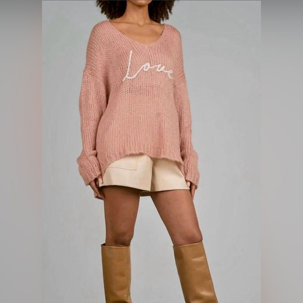 Elan light pink Love script off shoulder sweater size small